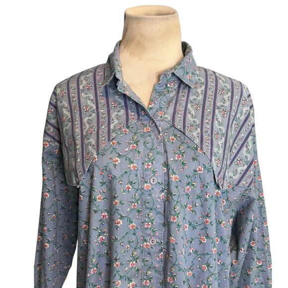 New Fashion blue pink floral long sleeves button shirt size Large - Picture 9 of 15